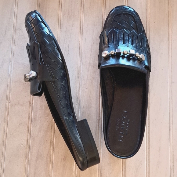 Sesto Meucci Italian Woven Leather Beaded Basket Maya Kiltie Flat Mules - Picture 3 of 8